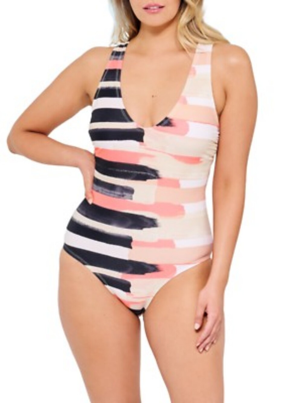 L NWT Mynah Stripe Block V-Front One Piece Swimsuit